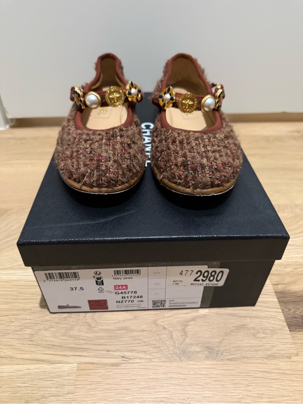 CHANEL Tweed Mary Jane Flats with Jewel Strap